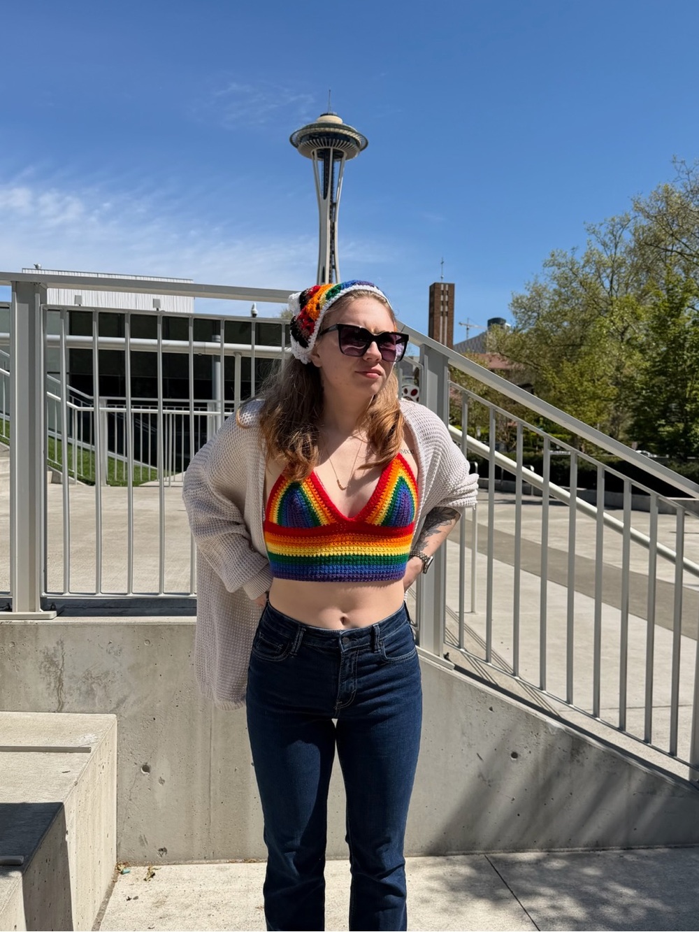 Handmade Crochet Rainbow Halter Top 🌈 Adjustable Lace-Up Back | Size S-M